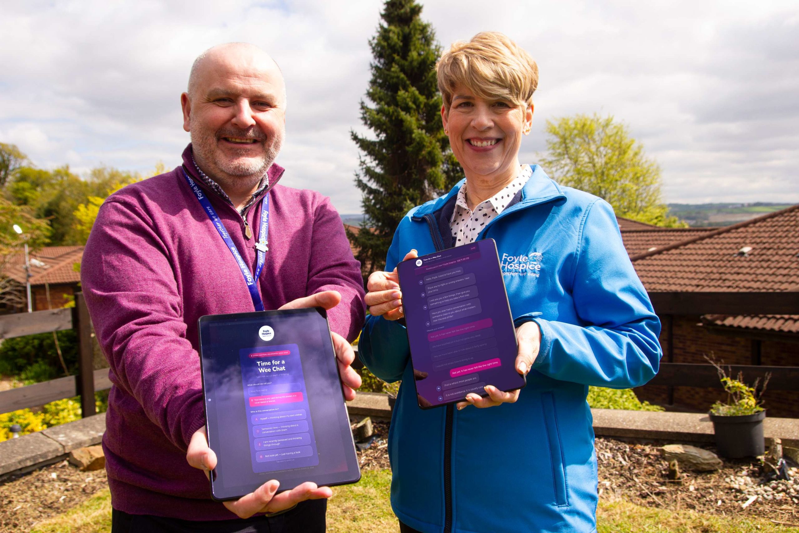 Donall Henderson, Chief Executive of Foyle Hospice, and Sheila Duffy, Director of Income Generation and Communications, presenting Time for a Wee Chat.