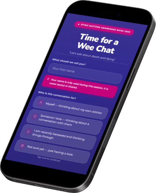 Phone screen showing the conversation flow of Time for a Wee Chat with a question and answer options.