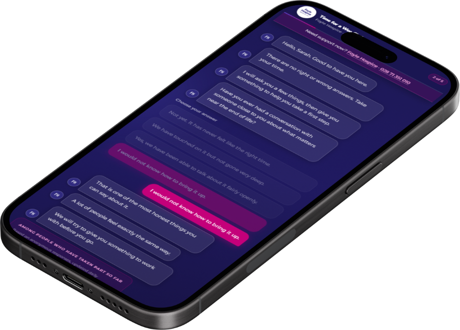 Phone screen showing the welcome page of Time for a Wee Chat with the Foyle Hospice logo.