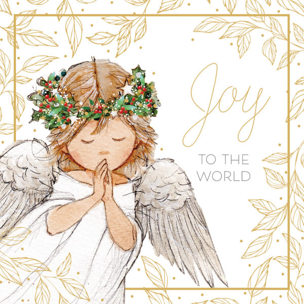 Praying Angel Christmas card. A watercolour angel with closed eyes and folded hands, wearing a crown of holly and berries, framed by gold leaves with the words Joy to the World.