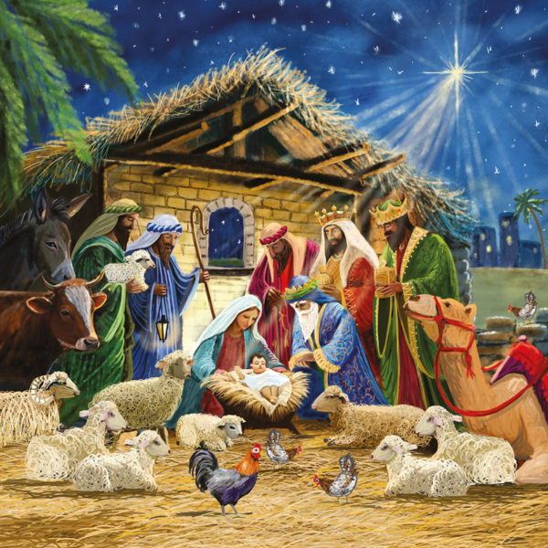 Classic Nativity Christmas card. A traditional nativity scene with Mary, Joseph, the three kings and shepherds around the manger, with animals and a bright star overhead.