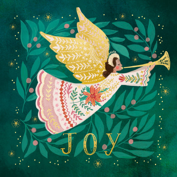 Songs of Joy Christmas card. A gold-winged angel in a patterned robe playing a trumpet over deep green leaves, with the word Joy in gold.