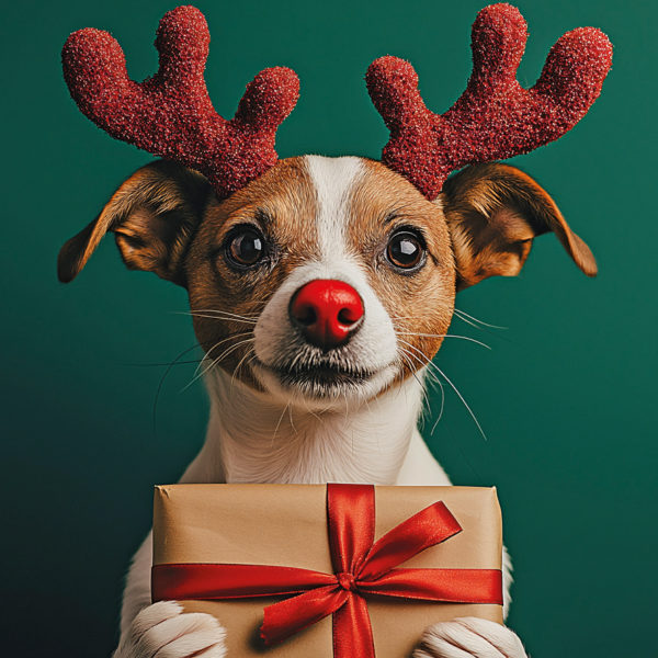 Got You a Gift Christmas card. A Jack Russell wearing glittery red antlers and a red nose, holding a parcel tied with red ribbon, on a green background.