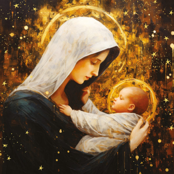 Madonna and Child Christmas card. A painting of Mary in a white veil cradling the infant Jesus, both with gold halos, on a background of gold and stars.