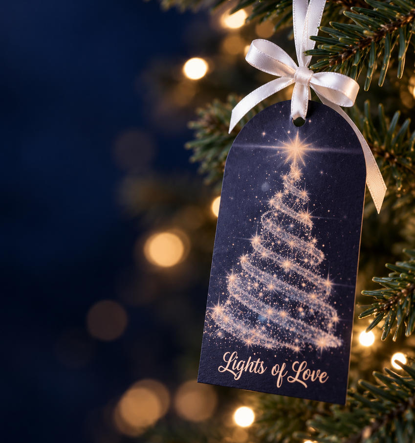 A Lights of Love tag with a sparkling gold Christmas tree, tied with white ribbon to a lit Christmas tree.